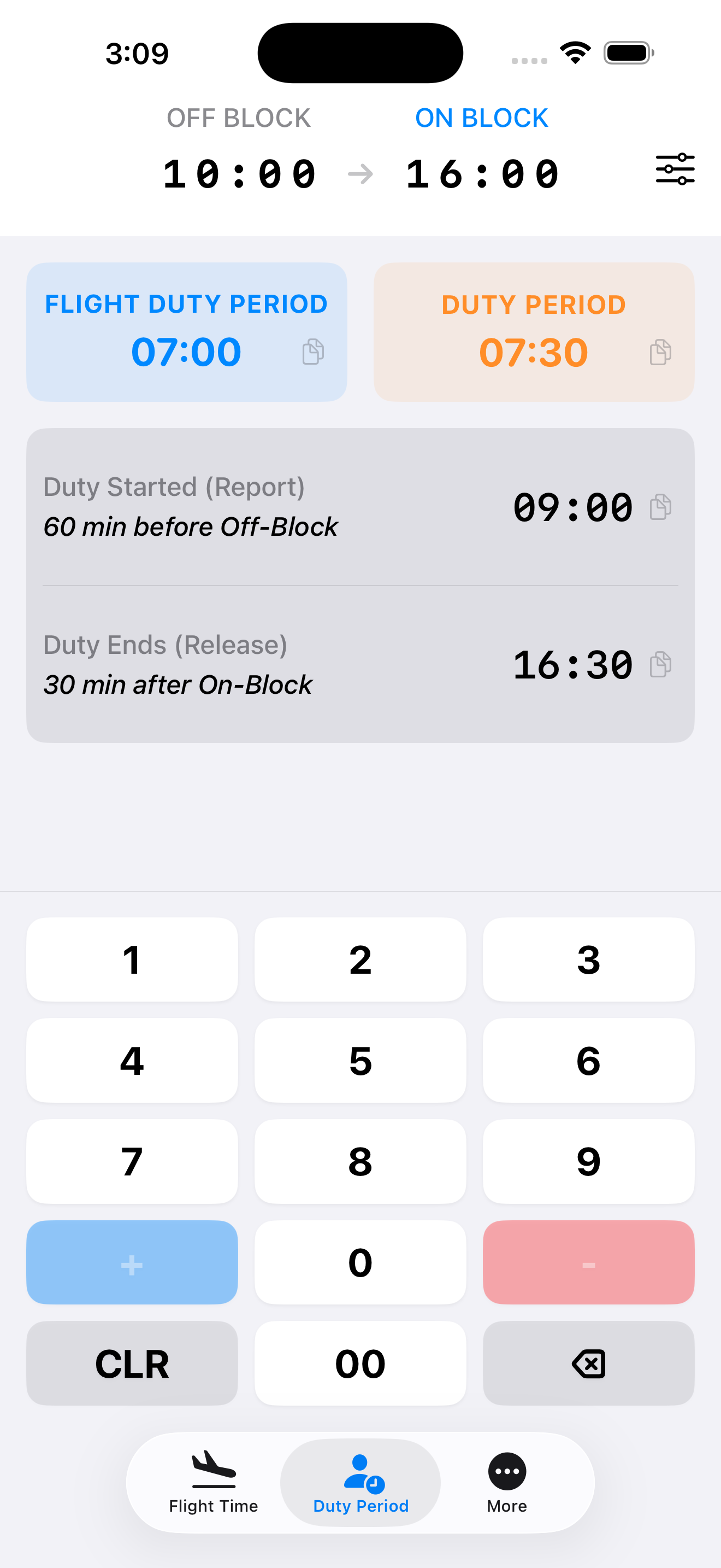 Avion Calc interface layout displaying duty period calculations
